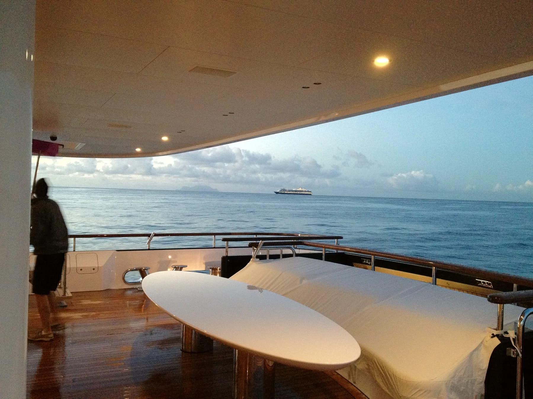 A table set on the aft deck of a yacht