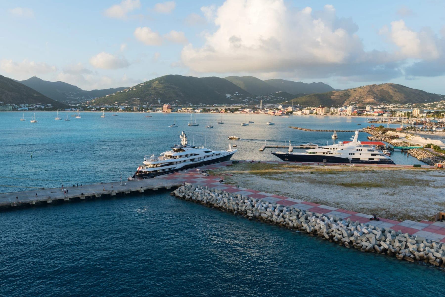 Aerial view of megayachts docked in Simpson Bay, Sint Maarten