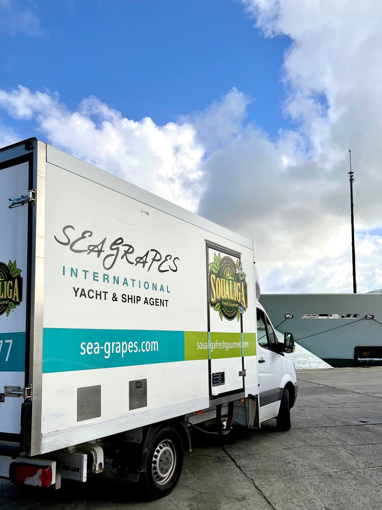 Sea-Grapes International refrigerated provisioning truck alongside a superyacht in Sint Maarten